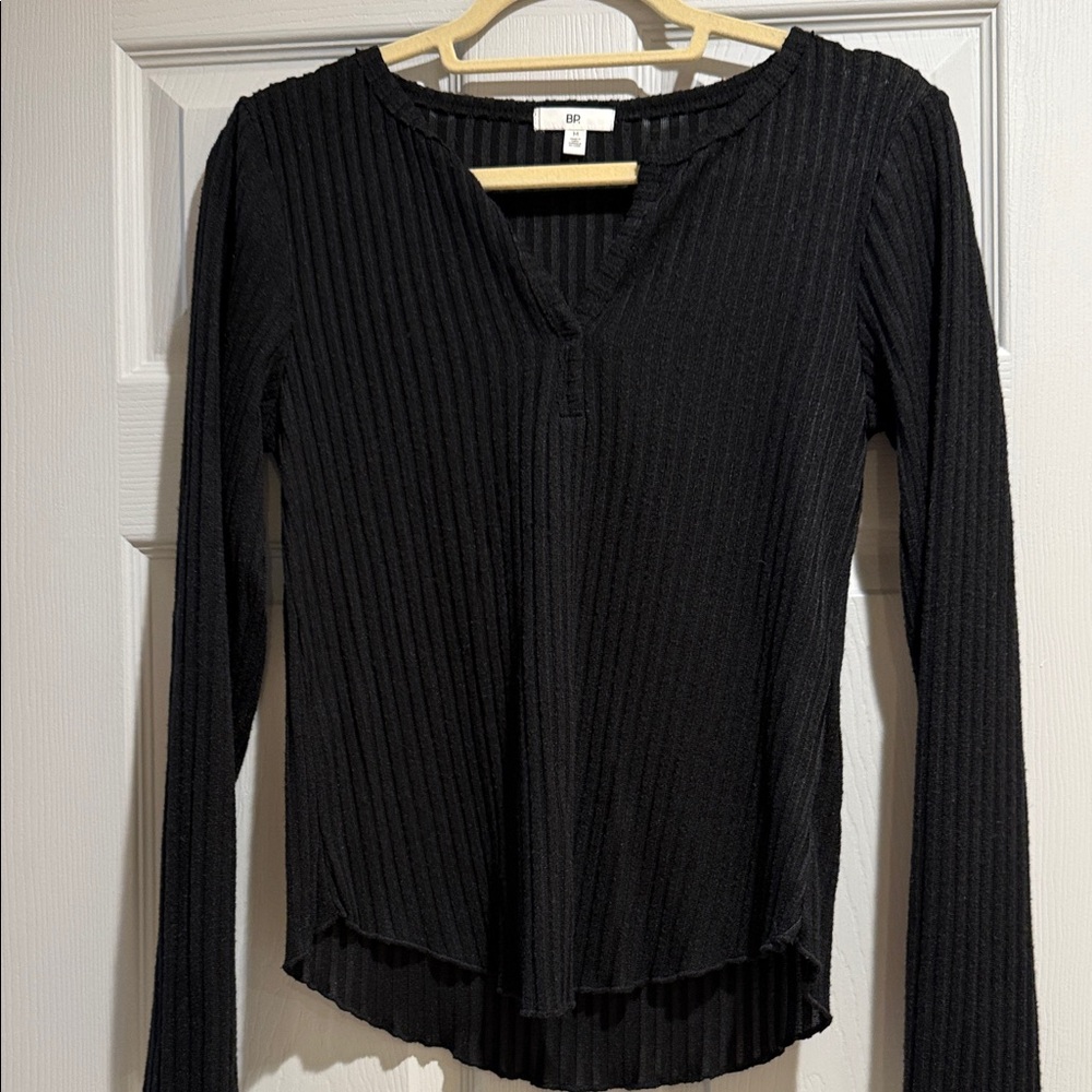 BP Ribbed Black V-Neck Long Sleeve Top